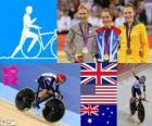 Πόντιουμ ποδηλασίας στίβου γυναικών omnium, Laura Trott (Ηνωμένο Βασίλειο), Sarah σφυρί (Ηνωμένες Πολιτείες) και την Annette Edmonson (Αυστραλία), Λονδίνο 2012